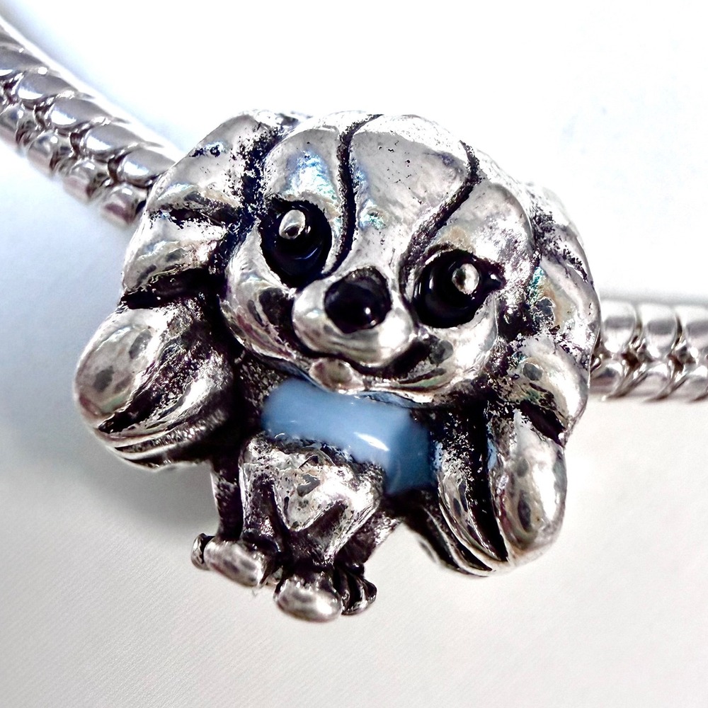 Puppy Dog Bead Charm Fits Snake Chain Bracelet Silver Tone Spaniel Blue Collar